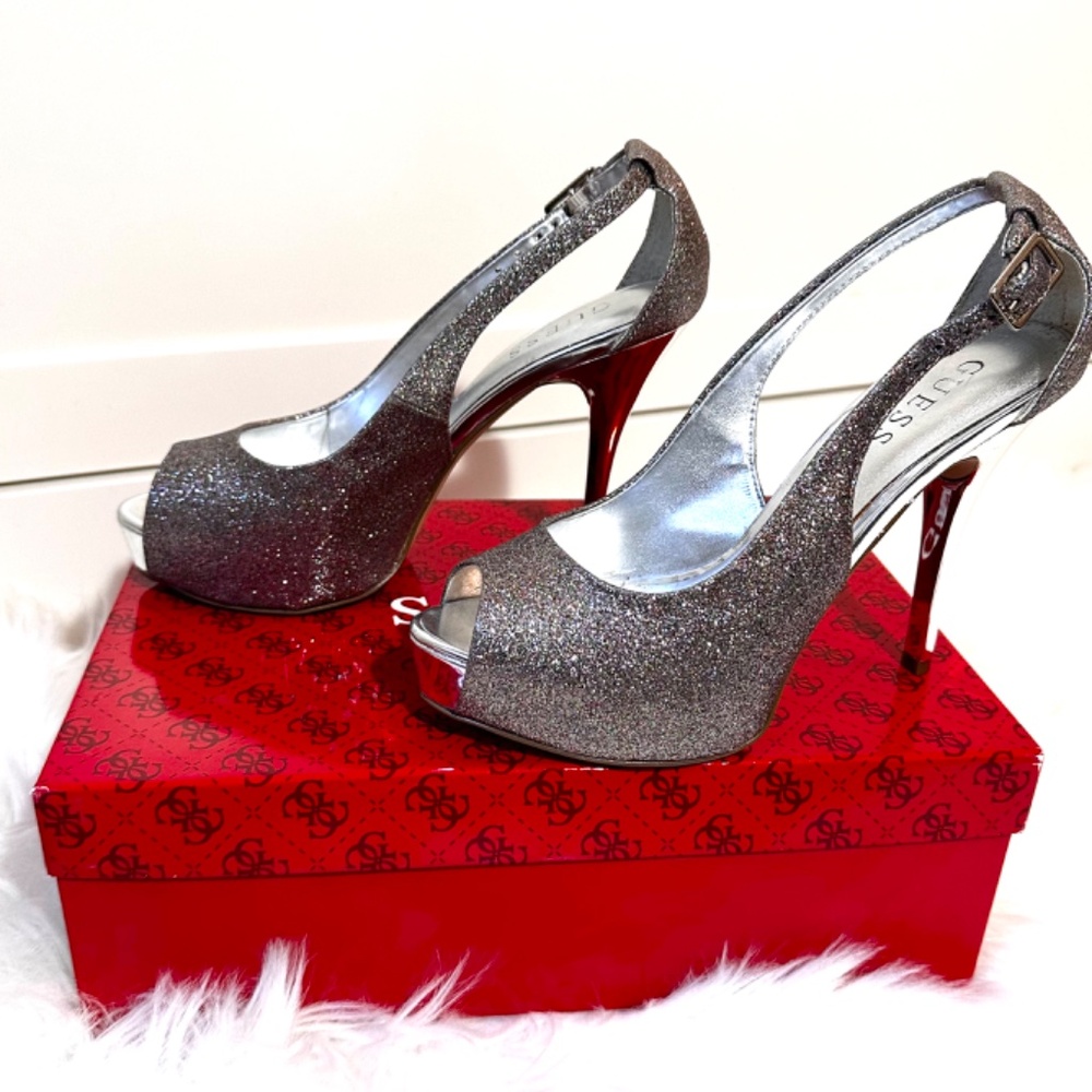 Guess Glittery Platform Slingback Sandals (Women's US 6.5 M/ fits like 7)